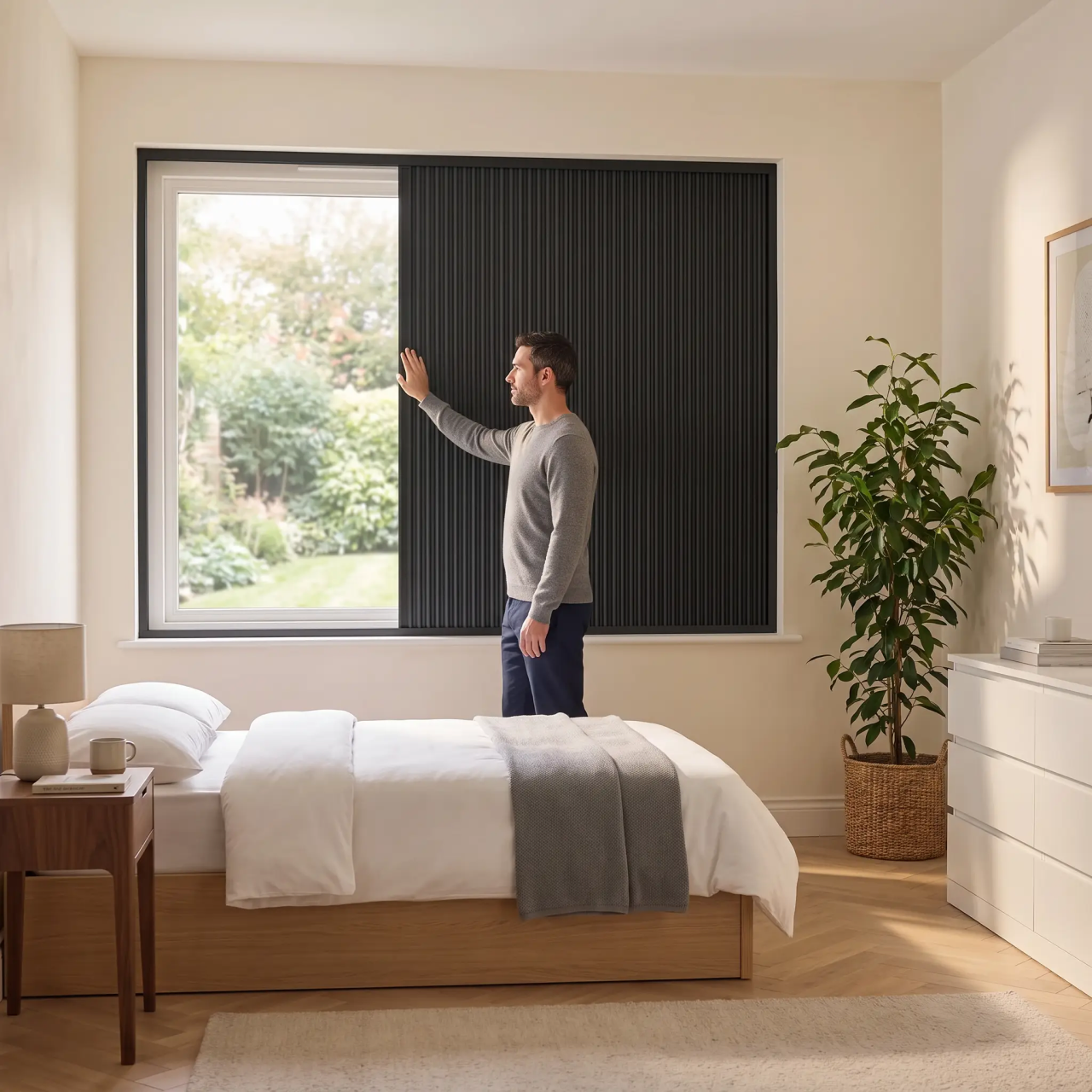 Made-to-measure OneRest blackout blind covering a bedroom window from edge to edge