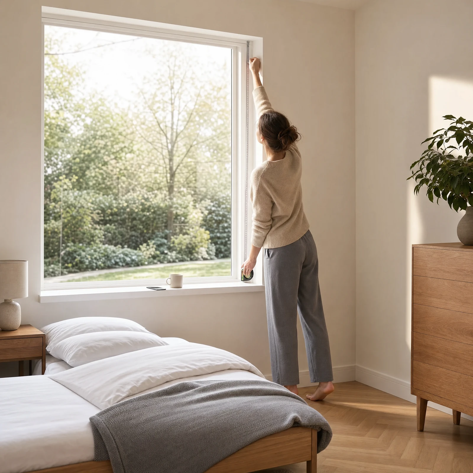Someone measuring a bedroom window before ordering a made-to-measure OneRest blind