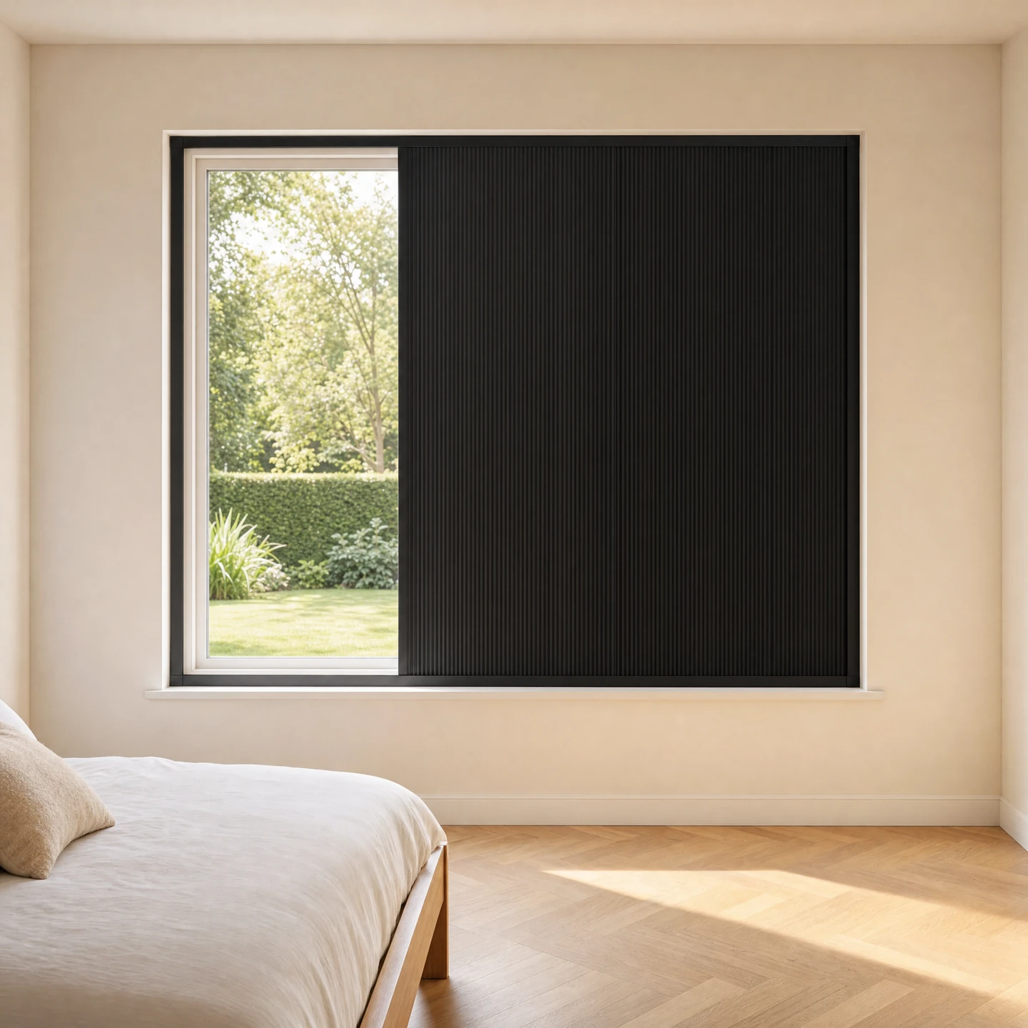 Made-to-measure OneRest blackout blind covering a bedroom window from edge to edge